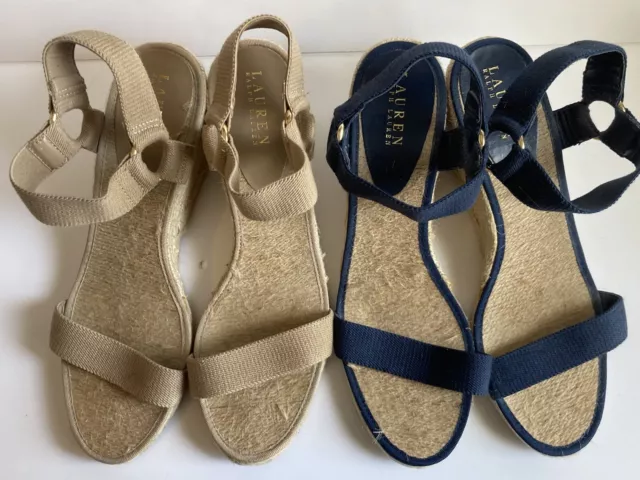 (2) Ralph Lauren Navy Blue & Tan Beige Espadrilles Wedge Elastic Heel Sandals 11