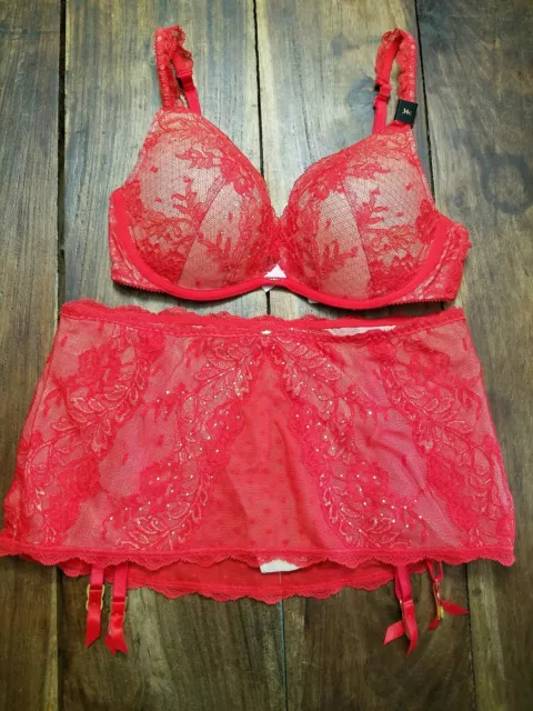 Victoria's secret 32B,34B,34D,34DD BRA SET+garter skirt Embroidered Roses  Pink