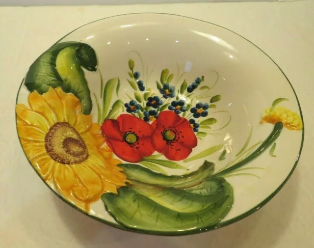 Italian Serving Bowl Dish Large Hand Painted Flowers Sunflowers Poppies Numbered