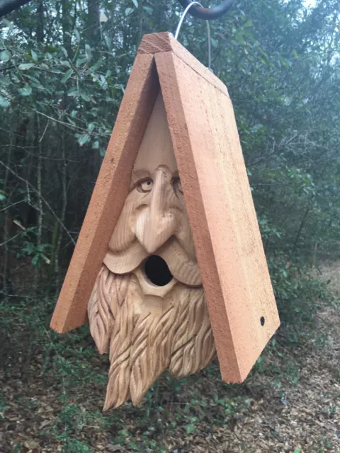 Hand Carved Wood Spirit Old Man Face Cedar Birdhouse Happy