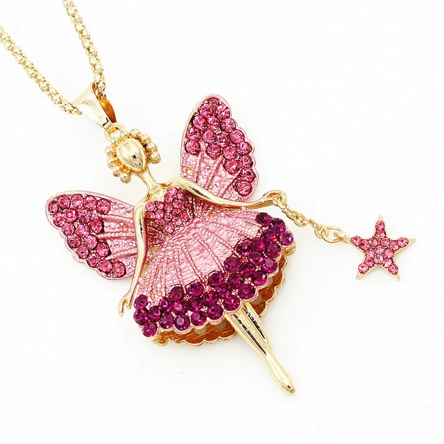 Betsey Johnson Enamel Crystal Ballet Fairy Angel Star Pendant Chain Necklace