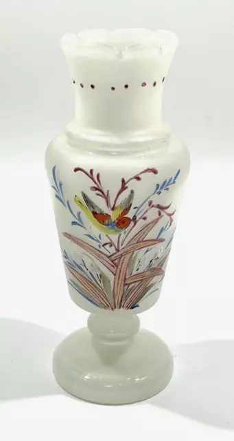 Victorian Bristol Glass Vases Hand Painted Floral & Bird Motif 7"