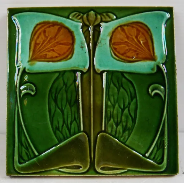 Original CLEVELAND  6" x 6" Antique High Relief Majolica Art Nouveau Tile