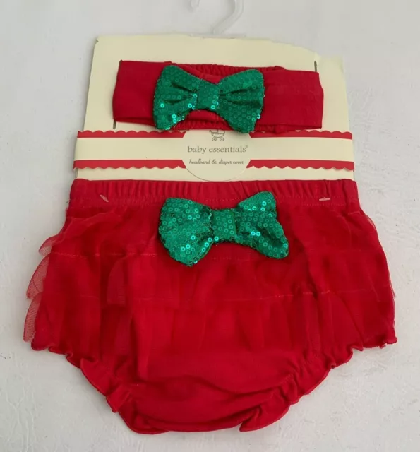 Baby Essentials Christmas Headband/Diaper Cover Red/Green Sequin Bow Sz 0-6M NEW