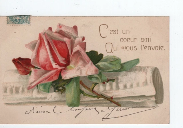 CPA FANTAISIE FLEURS STYLISÉES Gaufrée SOUVENIR d'AMITIÉ à DONNEAUD de