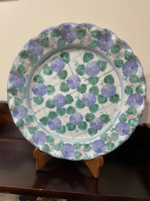 VTG Large Pottery Serving Platter Violets Pansies Design signed by Susan Leader