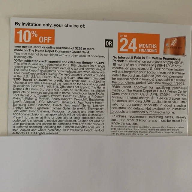 HOME DEPOT 10 Off Or 24 Months Financing Coupon Expires 1/24/2024 22.