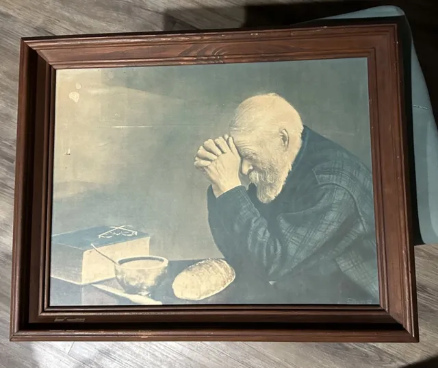 Vintage Art Print Man Praying Grace WW I Eric Enstrom Framed wood large