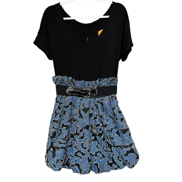 VOOM Joy Han Womens Dress Size L Black Knit Denim Skirt Fit & Flare Bubble Hem