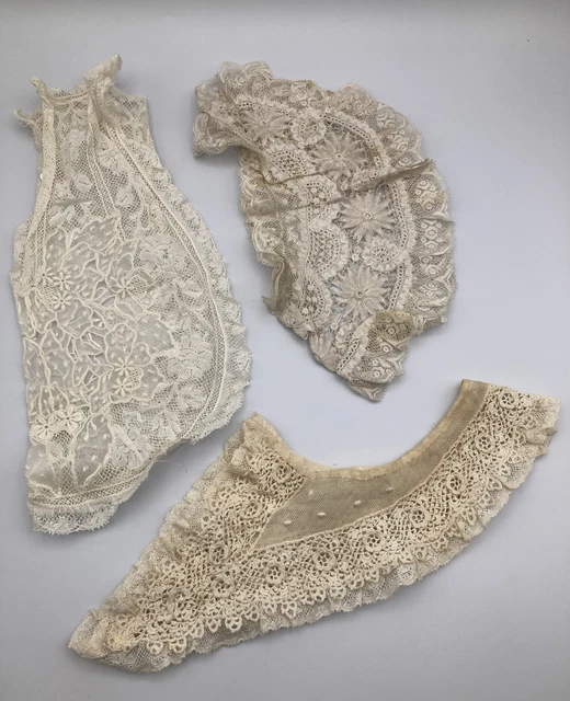 Three Vintage Antique Lace Collars Flower Designs Ivory and Ecru