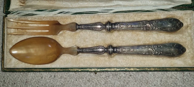 Couverts à salade ancien en argent fourré et corne | Selency