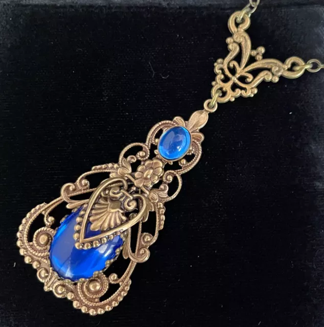 Vintage Necklace Art Nouveau Cobalt Blue Glass & Brass Filigree Lavalier Pendant