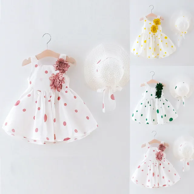 Toddler Kids Baby Girls Dot Print Flower Princess Dress+Hat Cap Clothes Outfits