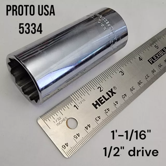 Proto USA 1-1/16 inch Chrome Socket 5334 Deep Well 1/2" Drive 12 pt Gov Surplus