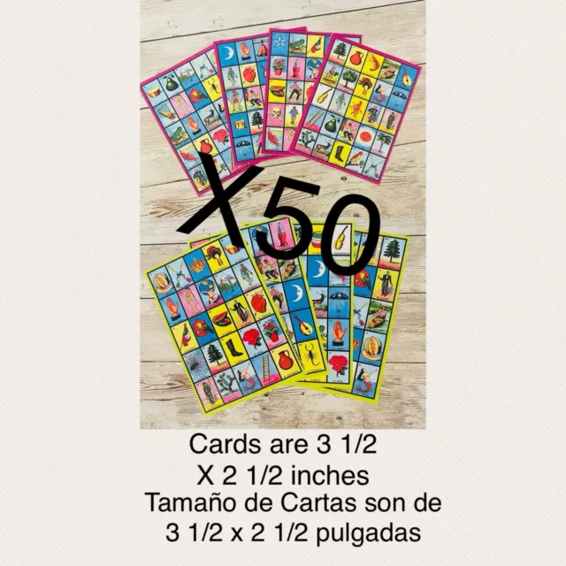 50x MEXICAN LOTERIA CARDS All Cards Different 25 Cartas De Loteria 3 1/2 X 2 1/2