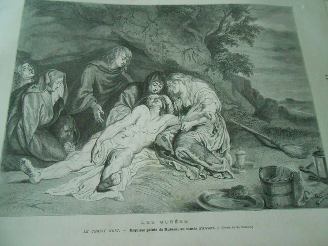 Gravure 1876 - Le Christ Mort esquisse peint de Rubens au musée d'Anvers