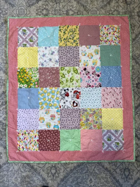 Beautiful Homemade Baby Quilt Blanket Pink Dogs Owls Minnie Peas Flowers Floral