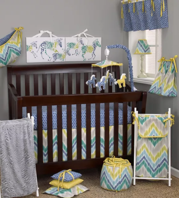 Zebra Romp Zig Zag Ikat Blue Grey Crib Bedding Set Hamper Mobile Valance Sheet