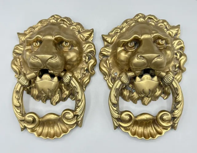 Vintage Solid Brass Lion Head Door Knocker Pair Hollywood Regency MCM NICE!