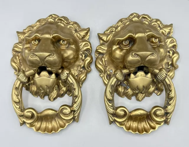 Vintage Solid Brass Lion Head Door Knocker Pair Hollywood Regency MCM NICE!
