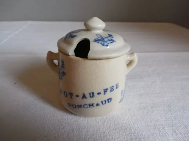 ANCIEN MOUTARDIER EN FAIENCE DE ST UZE vers 1900 publicité pot au Feu Ponchaud