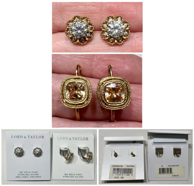 Lot of 2 Lord & Taylor 18K Gold Over Sterling Silver CZ Pierced Earrings NWT