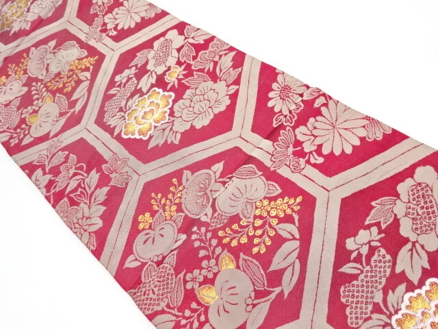 6166438: Japanese Kimono / Antique Nagoya Obi / Woven Kikko With Peony & Kik