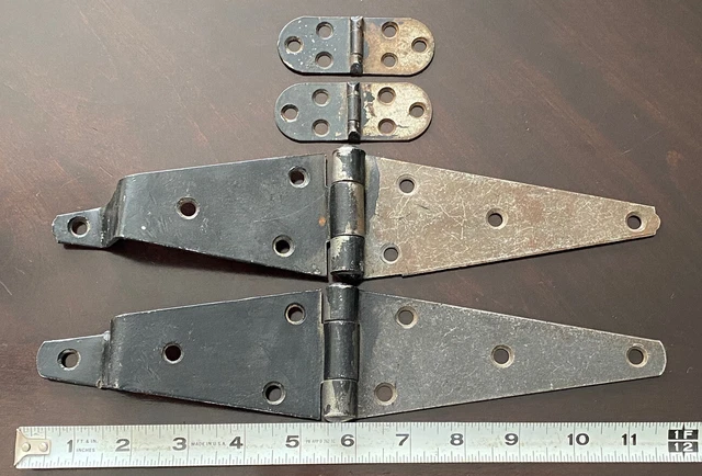 2-Antique Vintage 12 Inch-Steel Strap Barn Door Hinges-Gate; 2-3” Antique Hinges
