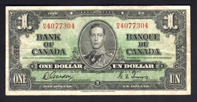 CANADA P-58b. 1937 1 Dollar.. Gordon/Towers.. Prefix H/A..  aVF