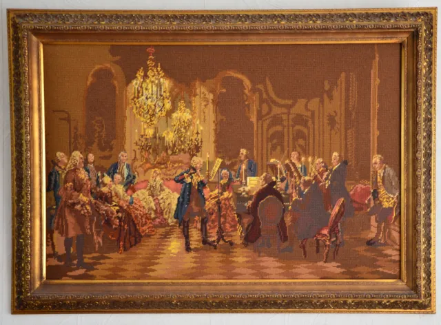 Gobelin Stickbild mit Rahmen ; "Das Flötenkonzert von Sanssoucie ; 60x92 cm