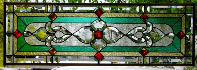 Stained Glass Transom window hanging 36 X 13   incl hooks   Brass Frame
