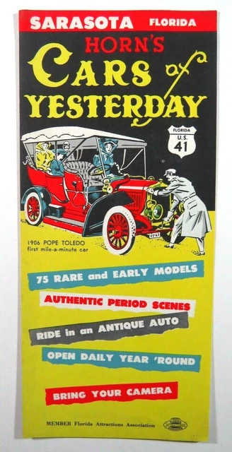 HORNS CARS OF Yesterday Sarasota Florida Vintage Travel Brochure Circa