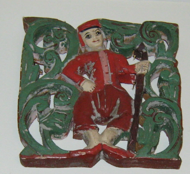 ANTIQUE Carved wood Dancing Man temple wall sculpture BURMA Myanmar