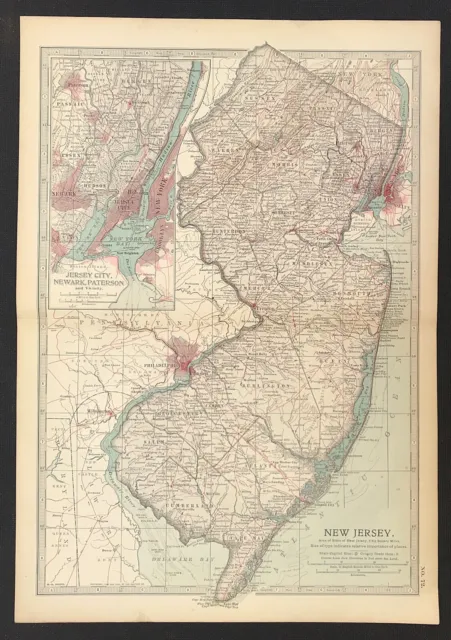 MAP NEW JERSEY State Jersey city Newark, Paterson 1901 original litho ...