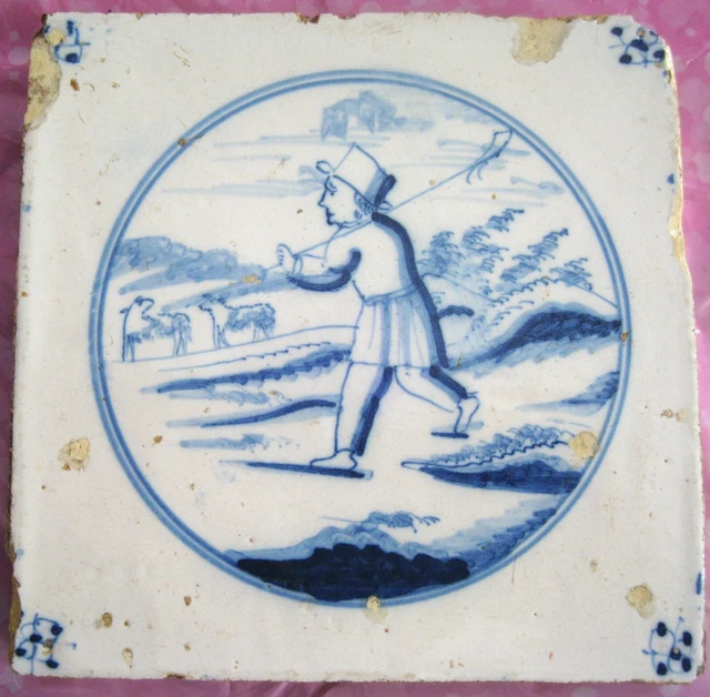 Delft Blue Tile 17th century Shepherd with 2 sheep Dutch original antiques