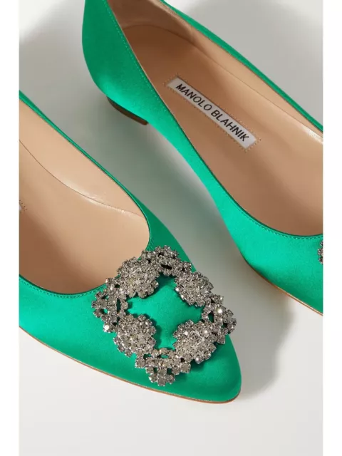 Manolo Blahnik HANGISI Ballerina Ballet Flat Green Satin Jewel Buckled Shoes 38