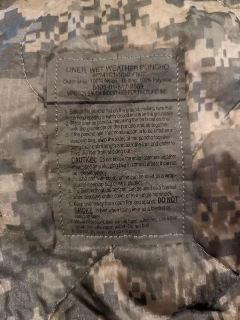 USGI US MILITARY Army ACU Camo Wet Weather Poncho Liner Woobie Blanket ...