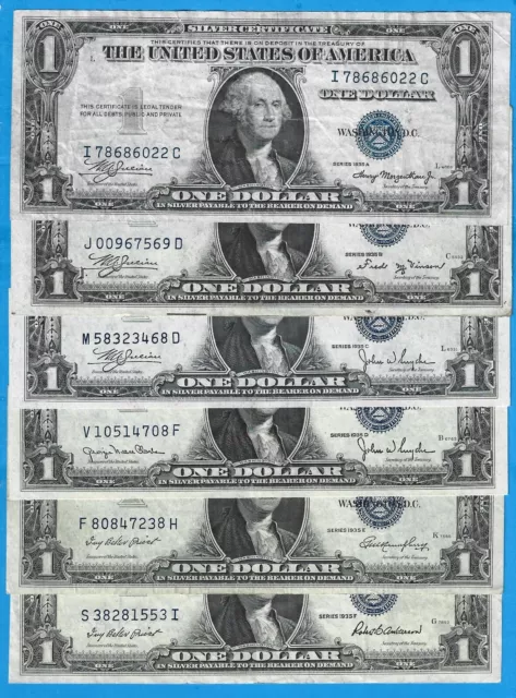 1935A/B/C/D/E/F $1 Silver Certificates,6) Notes,Blue Seal,Circ VF-Crisp XF,Nice!