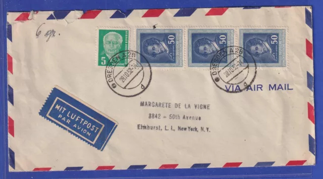 DDR 1952 Luftpostbrief gelaufen von Dresden nach New York / USA