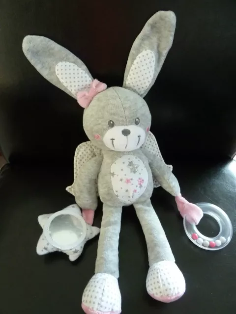 P4 - Doudou Peluche Pick Ouic Lapin Gris Rose Etoiles Ailes Hochet Miroir Neuf*