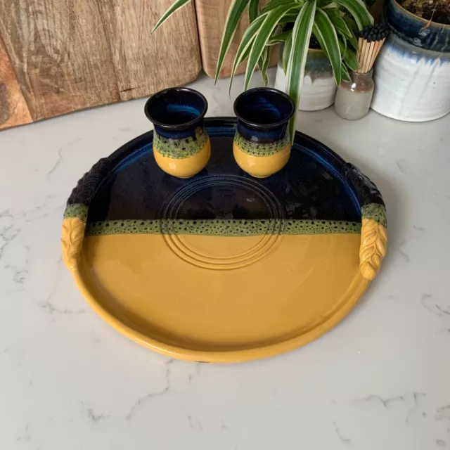 Round Art Pottery Tray & Vases / Vessels In Vibrant Mustard Yellow & Blue Glaze 3