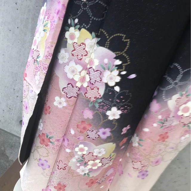 Japanese Kimono Pure Silk Long-sleeved Kimono Furisode 169.5cm Floral Black/Pink 3