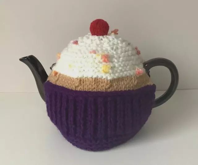 * New * Cupcake Tea Cosy *Hand Knitted* Medium  Dark Purple Sprinkles & Cherry