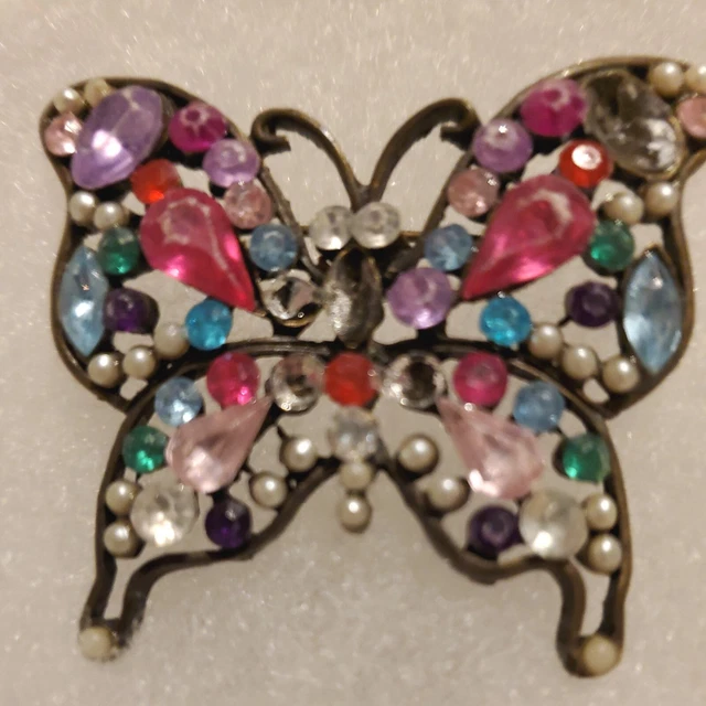 Art Deco VTG Butterfly  Brooch Pin Multicolor Rhinestones Faux Seed Pearls HM