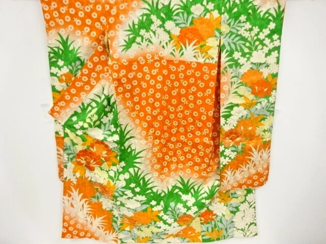 01191# Japanese Kimono / Antique Furisode / Embroidery / Peony & Floral Plan