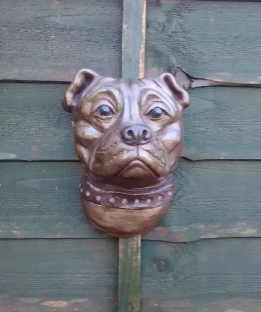 Large Bronzed Stone Staffordshire Bull Terrier  Dogs Head Wall Hanging Ornament