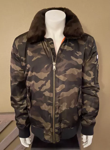 Tommy Hilfiger Men's Laydown Camo Military Bomber Jacket Pile Collar XL Patch