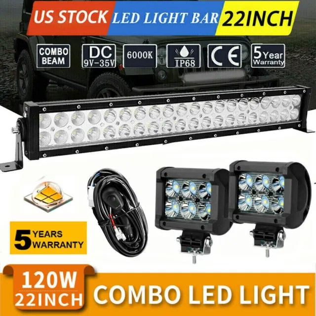 22inch LED Light Bar Flood Spot Combo + 2X 4" Pods For Offroad Truck SUV ATV 4X4