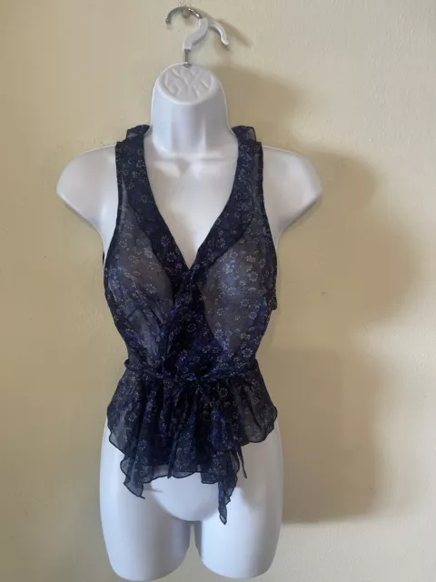 Free People M Sheer Navy Floral Sleeveless Tie Wrap Ruffle Tank Top