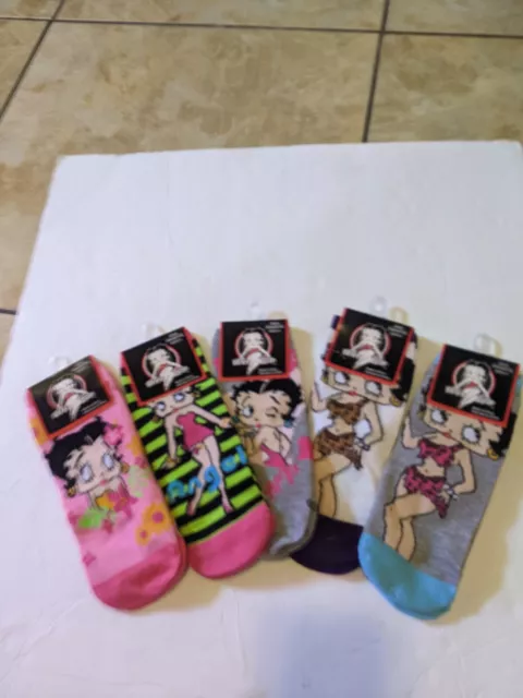 Y2k BETTY BOOP Socks 5 Pair NEW Ankle Short Low 2013 Blow Kiss Kick sz 9-11 NOS